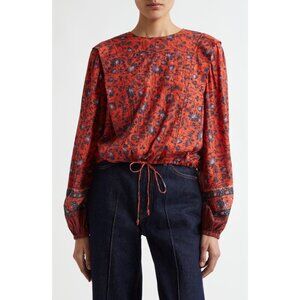 NWOT ULLA JOHNSON Prisha Drawstring Hem poppy Cotton Blend Top shirt size 2